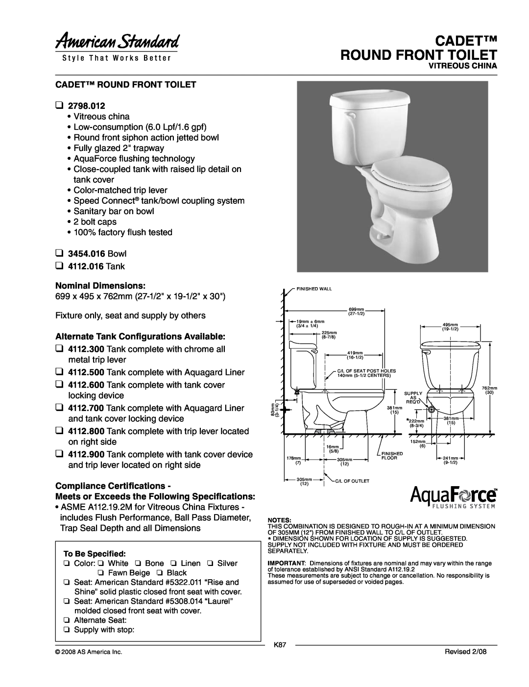 American Standard 2798.012, 3454.016, 4112.800 dimensions Cadet Round Front Toilet, Bowl 4112.016 Tank Nominal Dimensions 