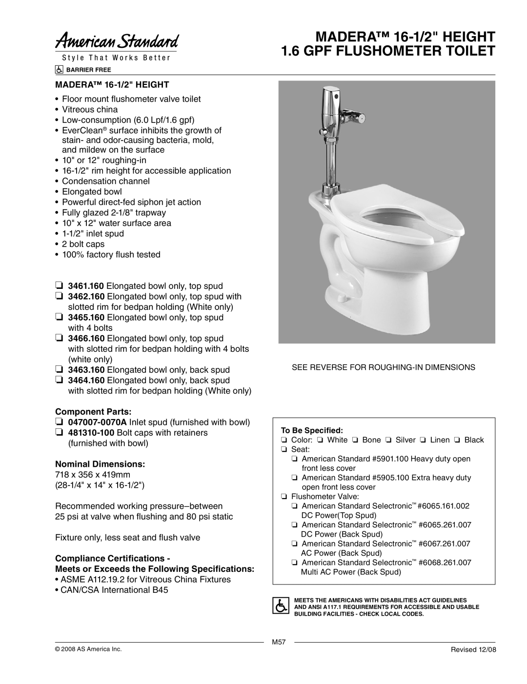 American Standard 3466.160 dimensions Madera 16-1/2 Height 1.6 GPF Flushometer Toilet, Component Parts, To Be Specified 