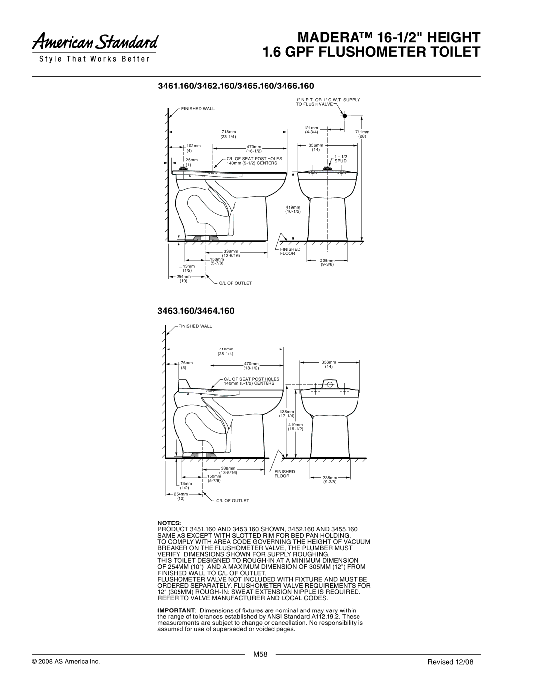 American Standard 3461.160/3462.160/3465.160/3466.160, 3463.160/3464.160, Refer to Valve Manufacturer and Local Codes 