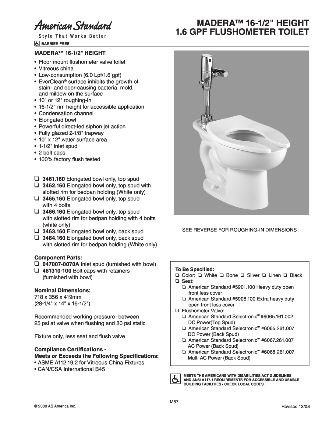 American Standard 3466.160, 3461.160, 3463.160 dimensions MADERA 16-1/2HEIGHT 1.6 GPF FLUSHOMETER TOILET, Component Parts 
