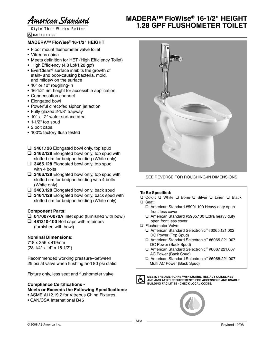 American Standard 3461.128, 3462.128 dimensions Madera FloWise 16-1/2 Height 1.28 GPF Flushometer Toilet, Component Parts 