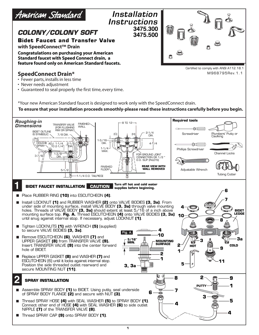 American Standard 3475.500, 3475.300 installation instructions With SpeedConnect Drain, Bidet Faucet Installation 