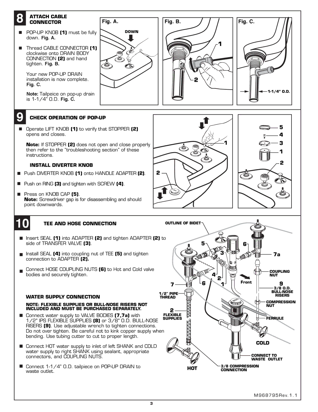 American Standard 3475.500, 3475.300 Attach Cable Connector, Check Operation of POP-UP, Install Diverter Knob, Cold 