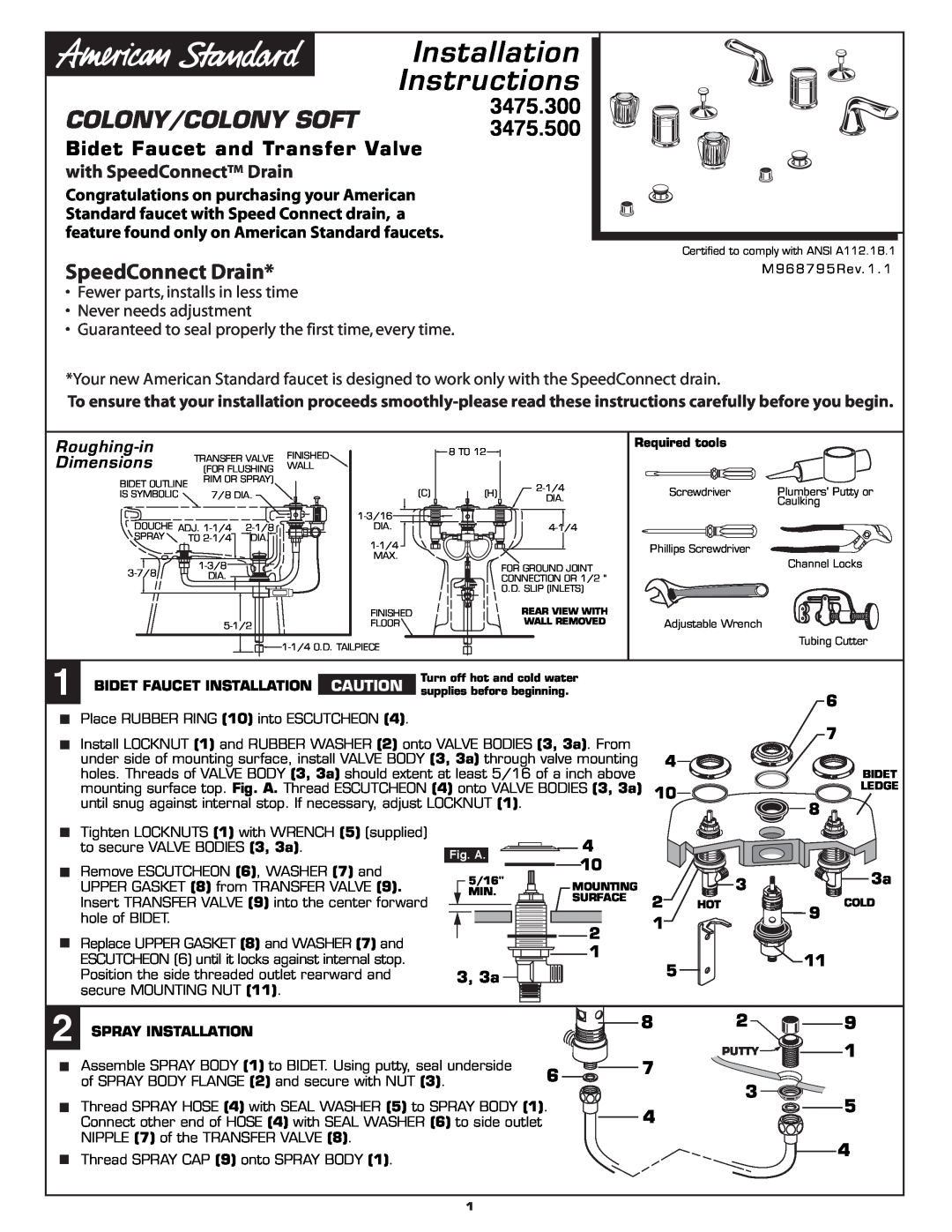 American Standard 3475.500 installation instructions 3475.300, Bidet Faucet and Transfer Valve, with SpeedConnect Drain 