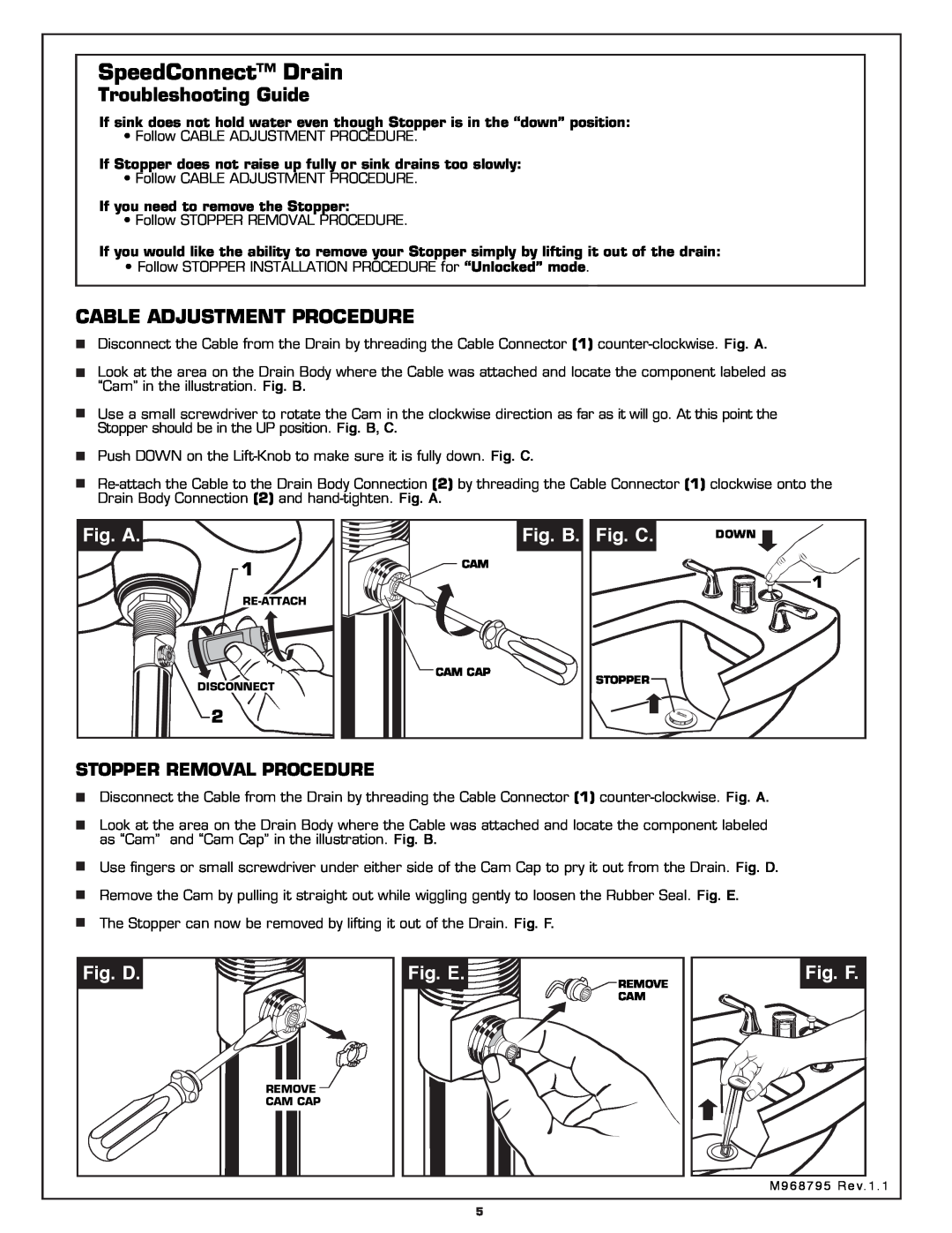 American Standard 3475.500 SpeedConnect Drain, Troubleshooting Guide, Cable Adjustment Procedure, Fig. A, Fig. B, Fig. C 