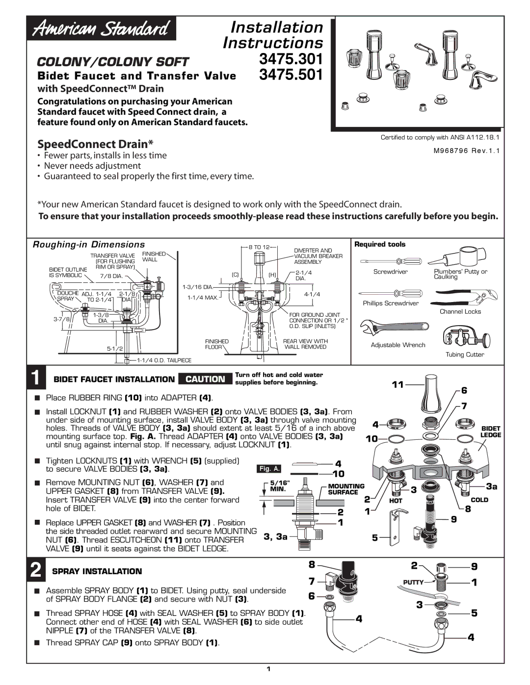 American Standard 3475.501, 3475.301 installation instructions With SpeedConnect Drain, Bidet Faucet Installation 