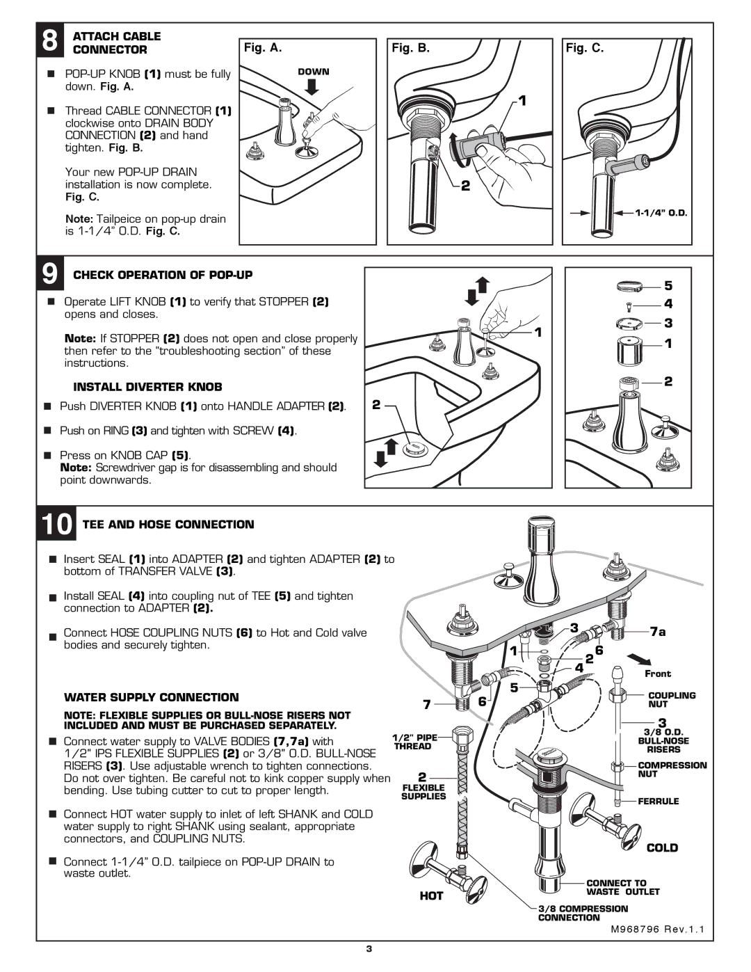 American Standard 3475.501, 3475.301 Attach Cable Connector, Check Operation of POP-UP, Install Diverter Knob, Hot, Cold 