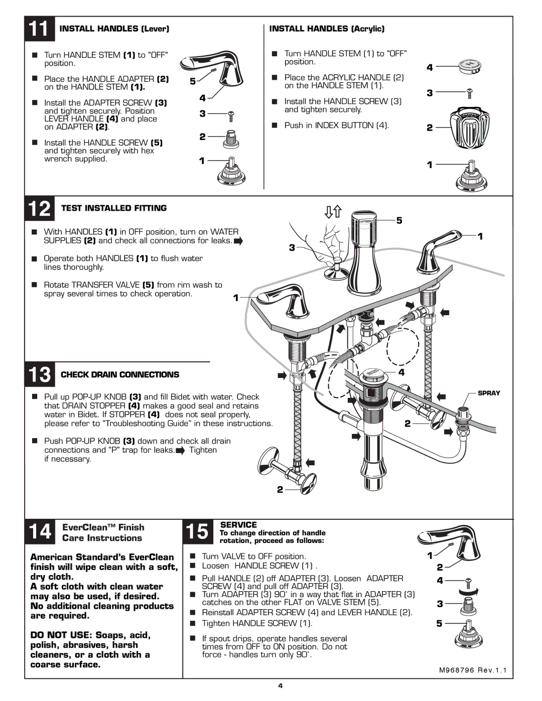 American Standard 3475.301, 3475.501 installation instructions Test Installed Fitting, Check Drain Connections, Service 