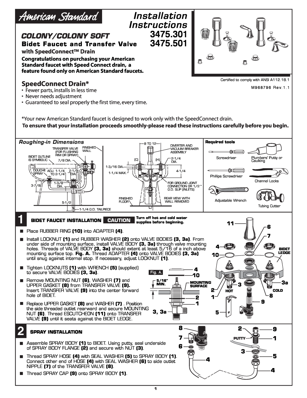American Standard 3475.501 installation instructions Bidet Faucet and Transfer Valve, with SpeedConnect Drain, 3475.301 