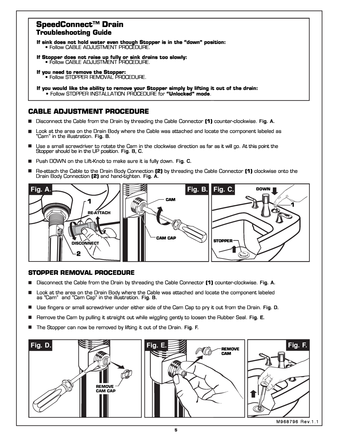 American Standard 3475.501 Troubleshooting Guide, Cable Adjustment Procedure, Fig. A, Fig. B, Fig. C, Fig. D, Fig. E 