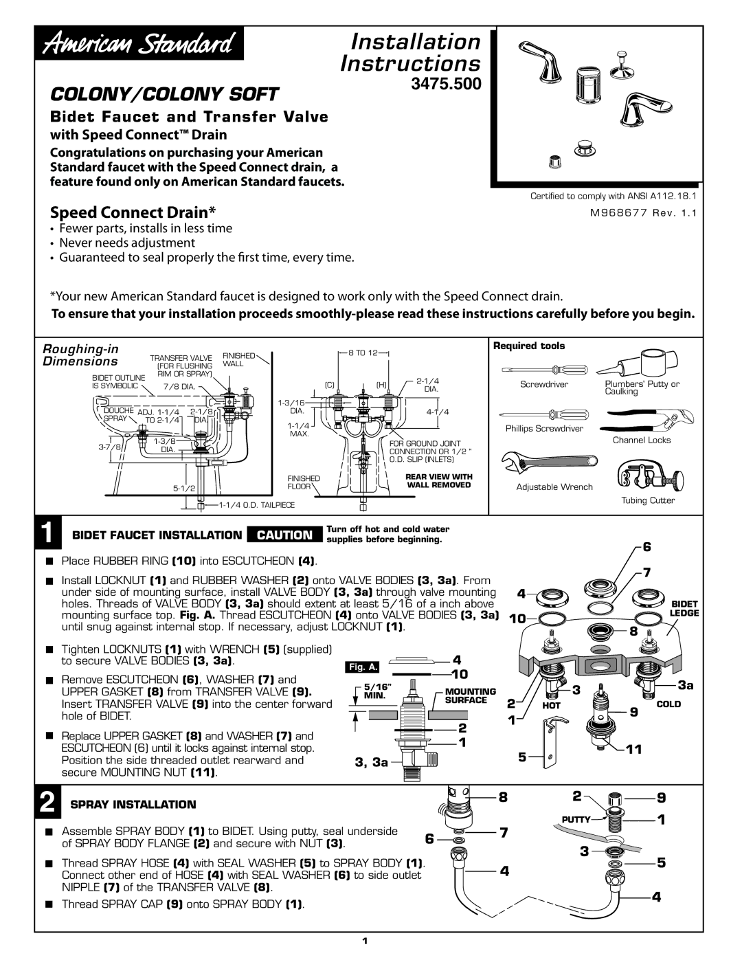 American Standard 3475.5 installation instructions Bidet Faucet and Transfer Valve With Speed Connect Drain 