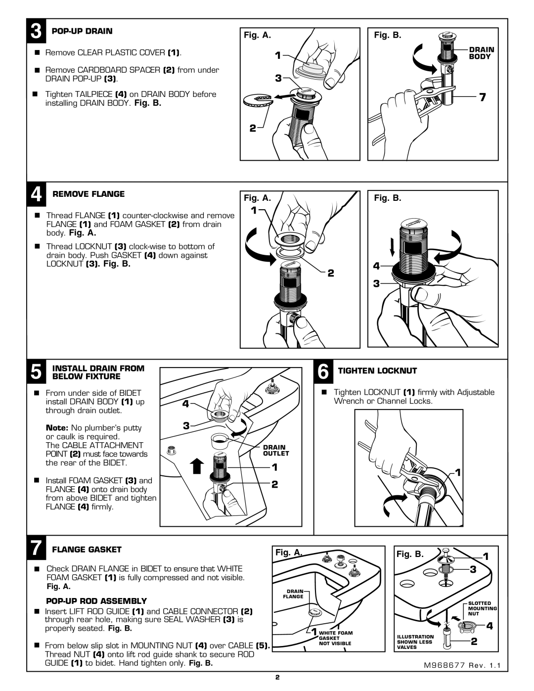 American Standard 3475.5 POP-UP Drain, Remove Flange, Install Drain from Tighten Locknut Below Fixture, Flange Gasket 