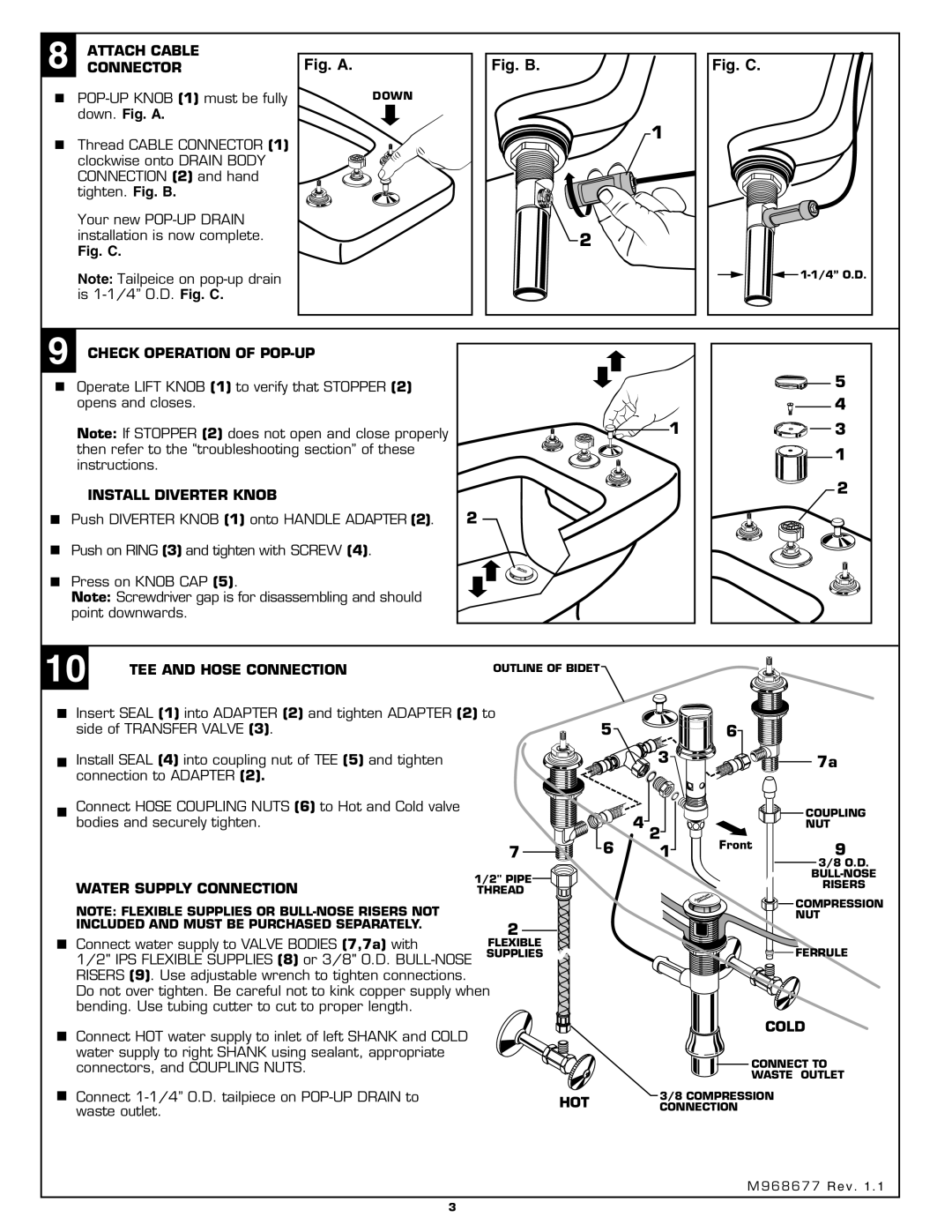 American Standard 3475.5 Attach Cable, Connector, Check Operation of POP-UP, Install Diverter Knob, Cold, Hot 