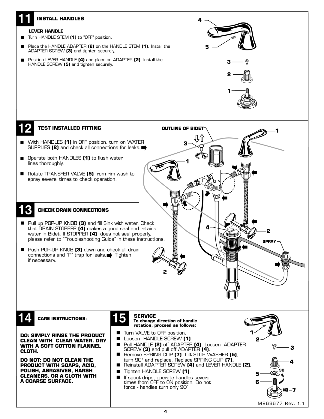 American Standard 3475.5 installation instructions Install Handles, Test Installed Fitting, Check Drain Connections 