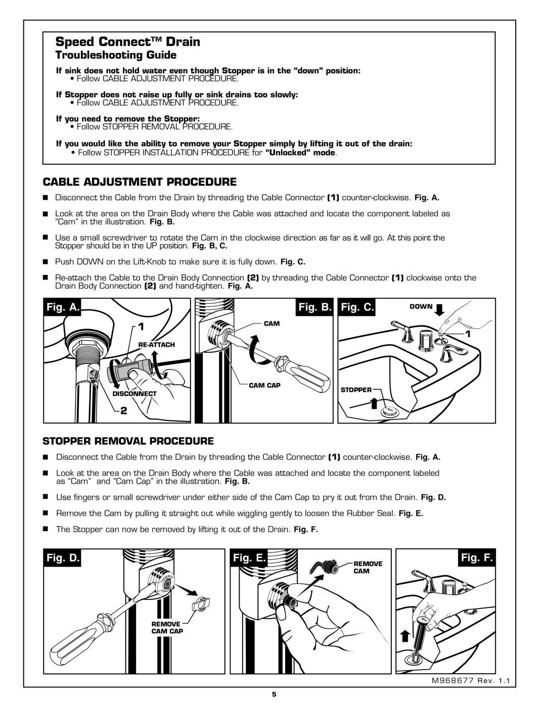 American Standard 3475.5 installation instructions Troubleshooting Guide, Cable Adjustment Procedure 