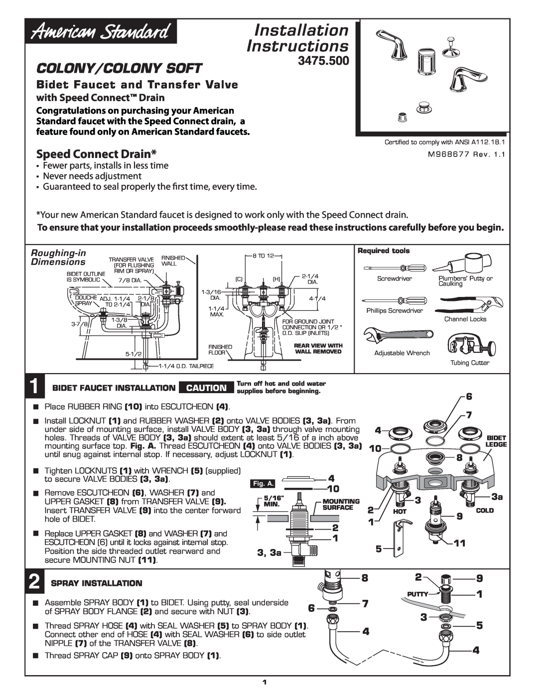 American Standard installation instructions Installation Instructions, 3475.500, Speed Connect Drain, Roughing-in 
