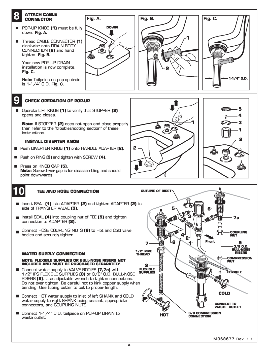 American Standard 3475.5 Attach Cable, Connector, down. Fig. A, Fig. C, Check Operation Of Pop-Up, Install Diverter Knob 