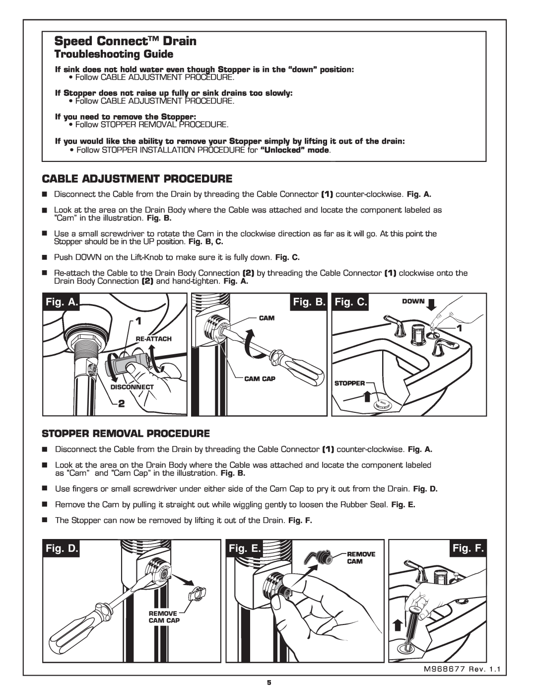 American Standard 3475.5 Troubleshooting Guide, Cable Adjustment Procedure, Fig. A, Fig. B, Fig. C, Fig. D, Fig. E, Fig. F 