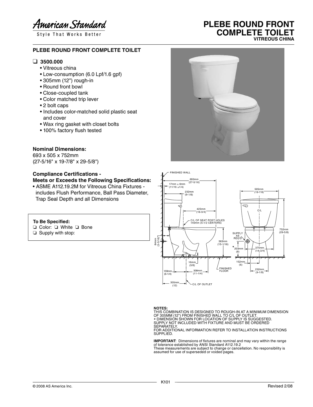 American Standard 3500.000 dimensions Plebe Round Front Complete Toilet, Nominal Dimensions 
