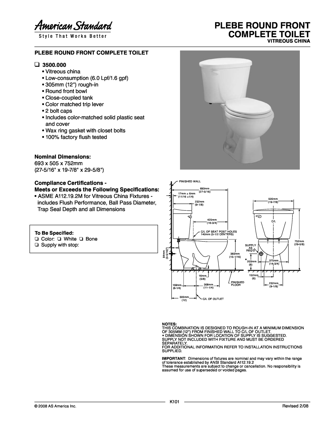 American Standard 3500.000 dimensions PLEBE ROUND FRONT COMPLETE Toilet, Plebe Round Front Complete Toilet, bolt caps 