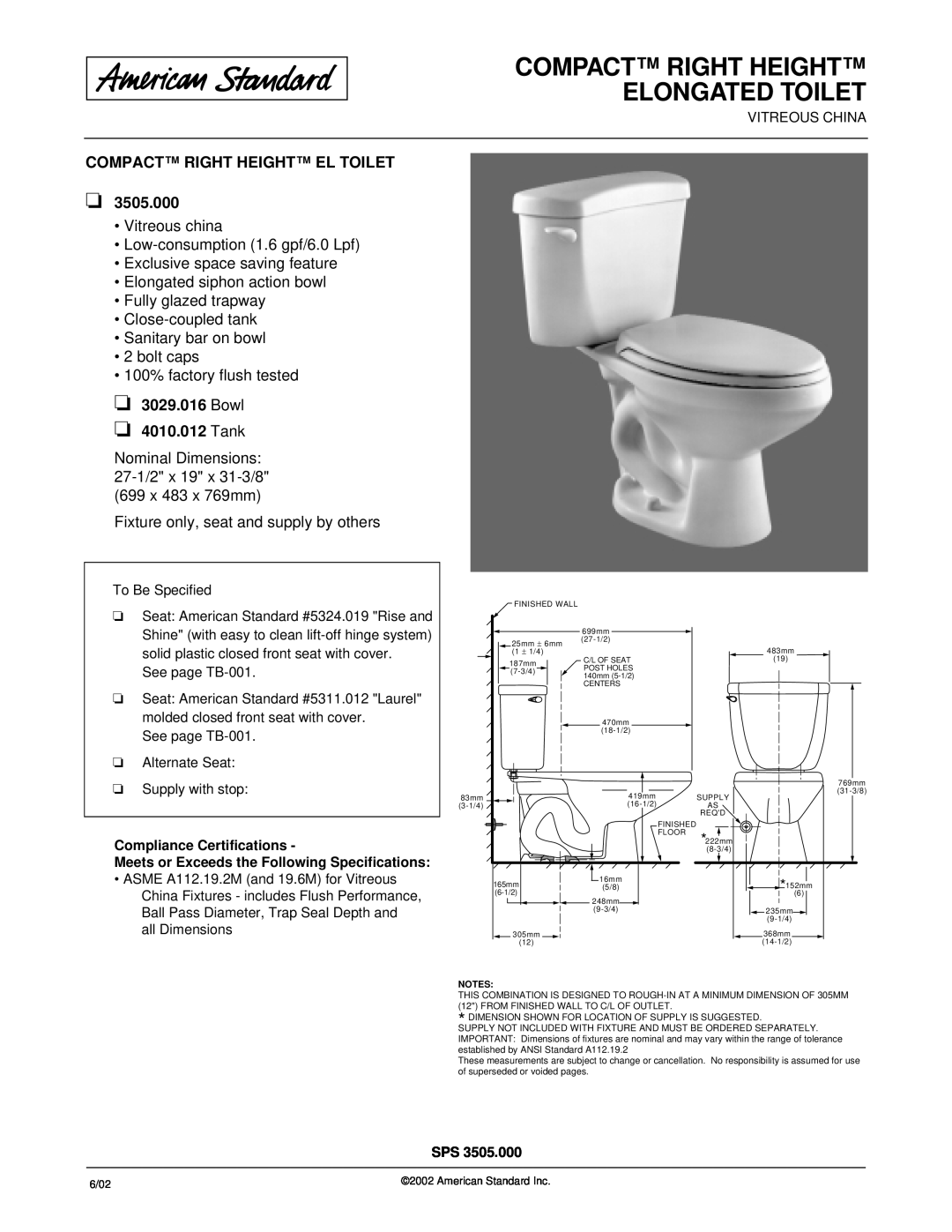 American Standard 3505.000 dimensions Compact Right Height Elongated Toilet, Compact Right Height El Toilet, 6/02 