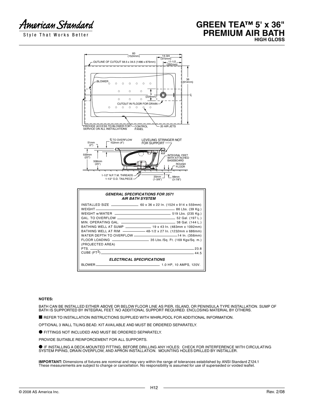American Standard 3571.328.K2 dimensions Green TEA 5 x 36 Premium Air Bath, General Specifications for AIR Bath System 