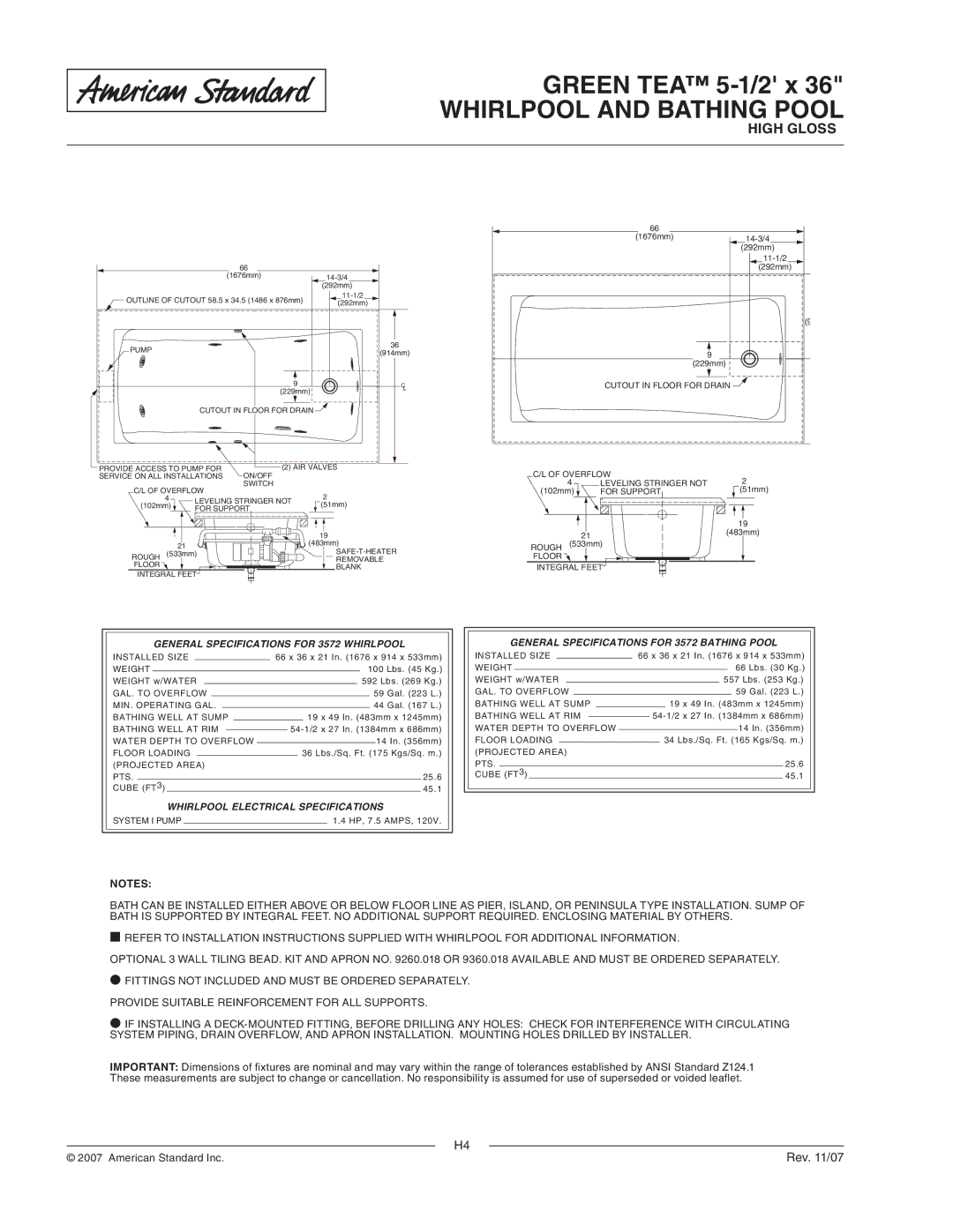 American Standard 3572.002, 3572.018WC General Specifications for 3572 Whirlpool, Whirlpool Electrical Specifications 