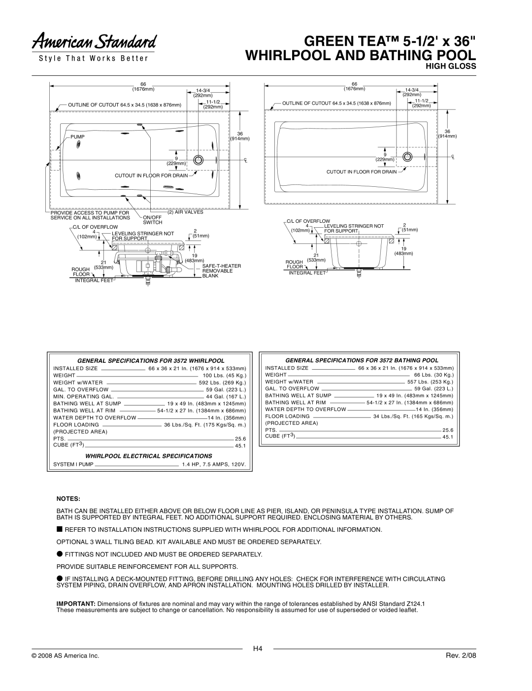 American Standard 3572.018WC.K2 dimensions General Specifications for 3572 Whirlpool, Whirlpool Electrical Specifications 