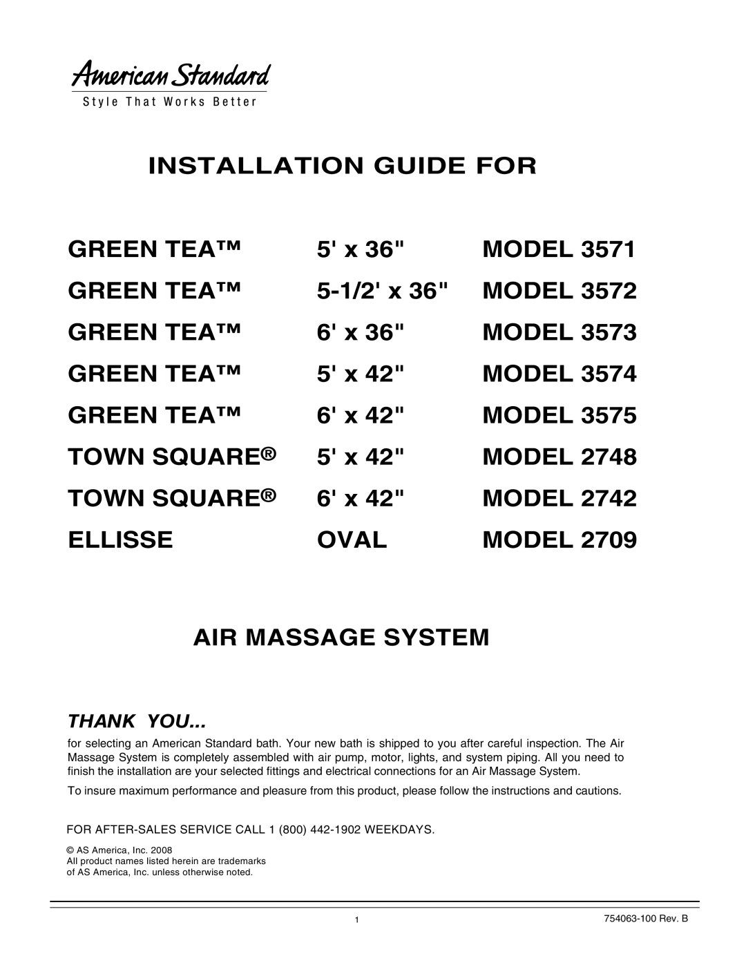 American Standard 3575, 3574, 3572 manual Installation Guide for Green TEA 