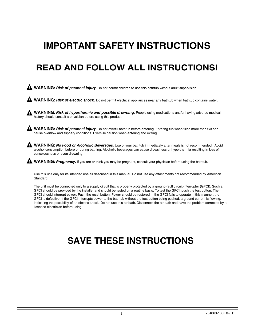 American Standard 3574, 3575, 3572 manual Important Safety Instructions 