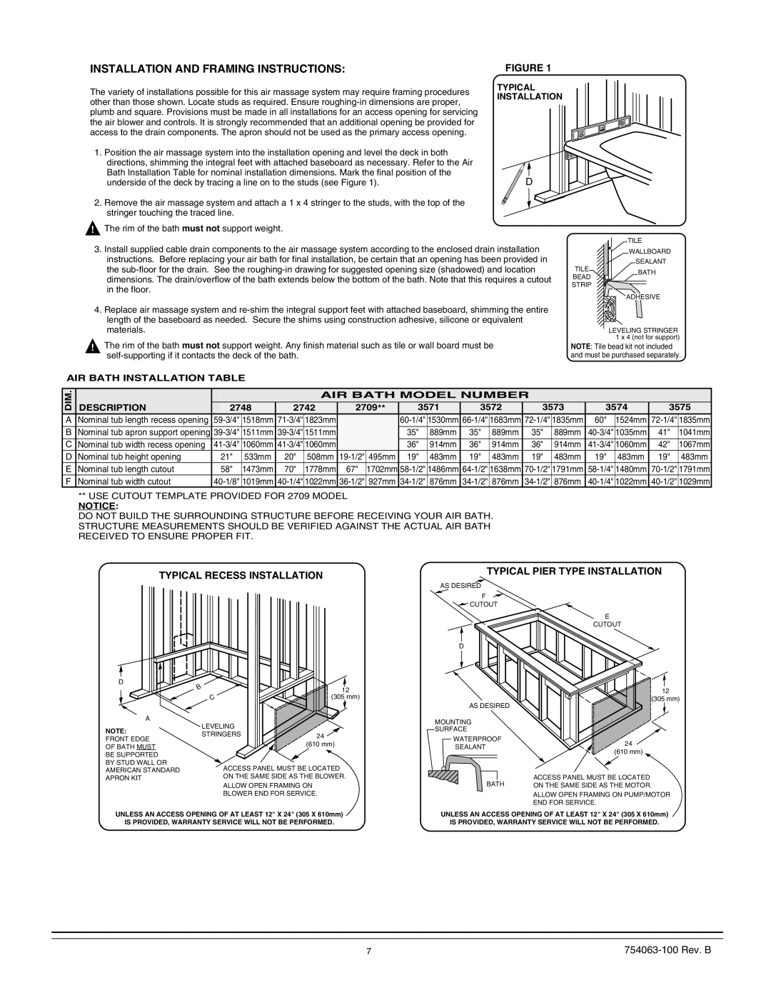 American Standard 3575, 3574, 3572 manual Installation and Framing Instructions 