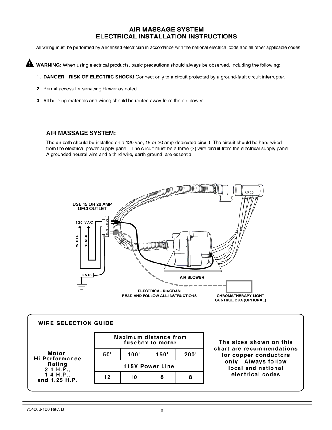 American Standard 3572, 3574, 3575 manual AIR Massage System Electrical Installation Instructions 