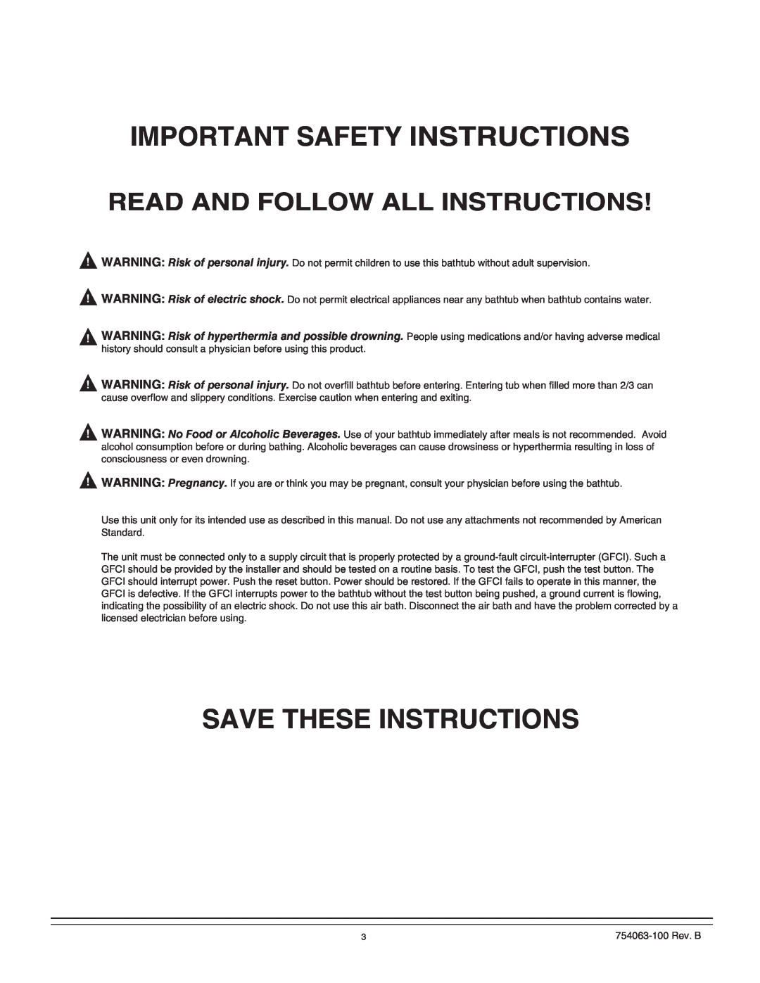 American Standard 3574, 3575, 3572 Important Safety Instructions, Save These Instructions, Read And Follow All Instructions 
