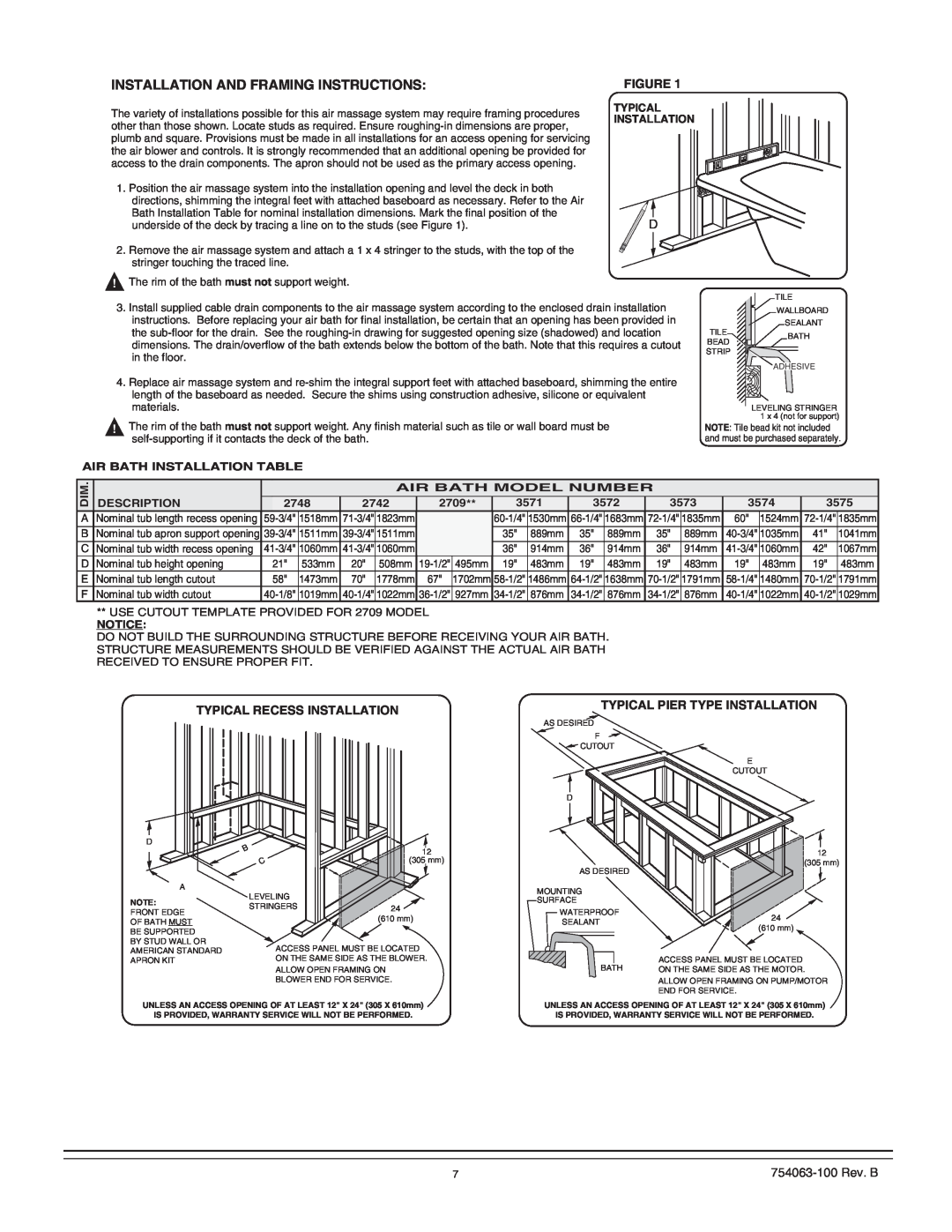 American Standard 3575 Installation And Framing Instructions, Typical Recess Installation, Typical Pier Type Installation 