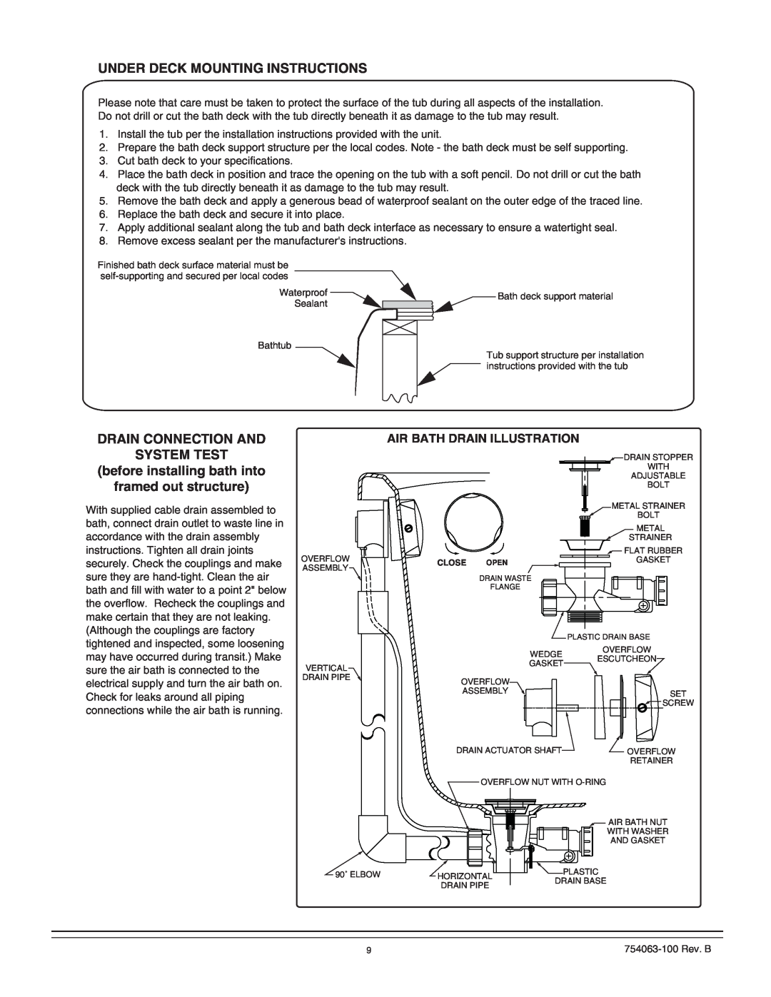 American Standard 3574 Under Deck Mounting Instructions, DRAIN CONNECTION AND SYSTEM TEST before installing bath into 