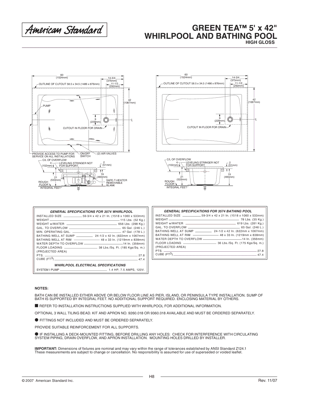 American Standard 3574.018WC, 3574.002 General Specifications for 3574 Whirlpool, Whirlpool Electrical Specifications 