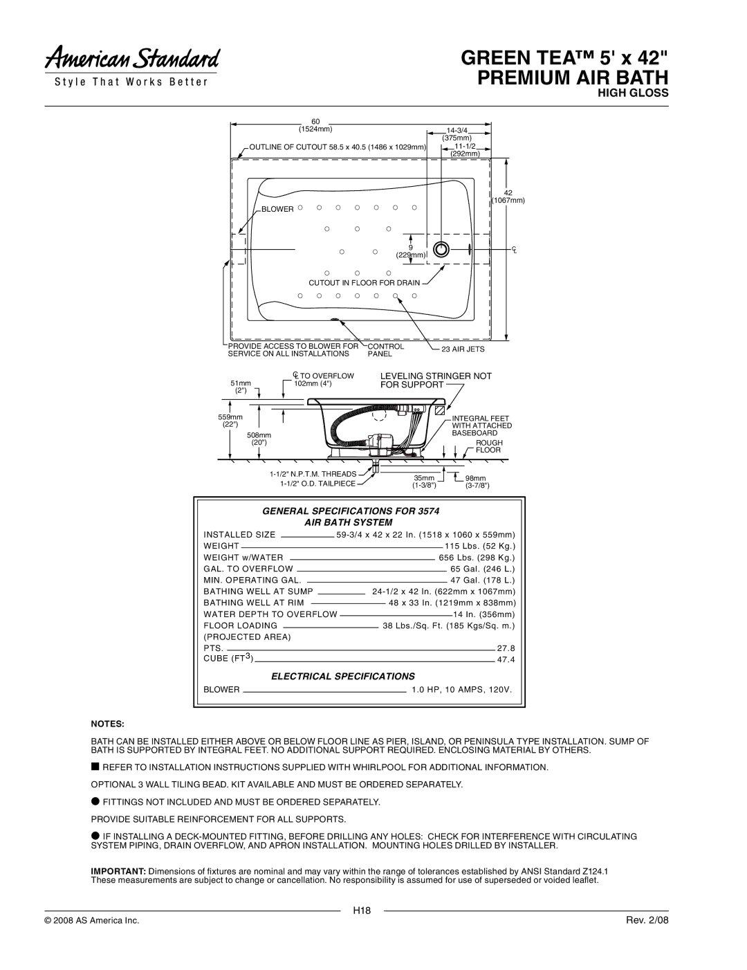 American Standard 3574.328.K2 dimensions General Specifications for AIR Bath System, Electrical Specifications 