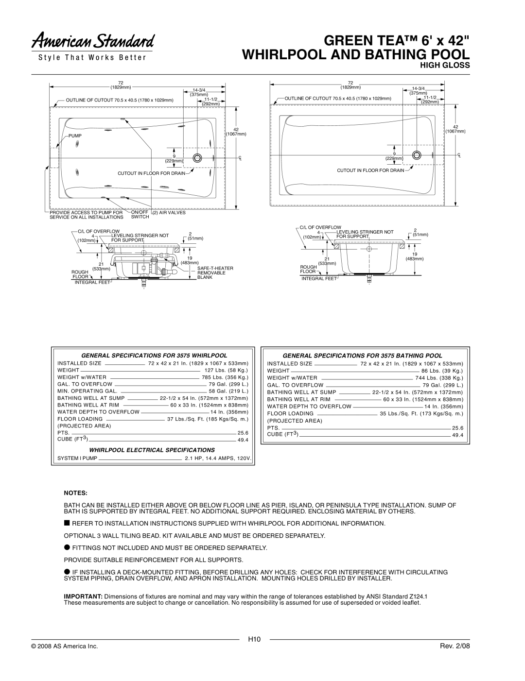 American Standard 3575.018WC.K2 dimensions General Specifications for 3575 Whirlpool, Whirlpool Electrical Specifications 