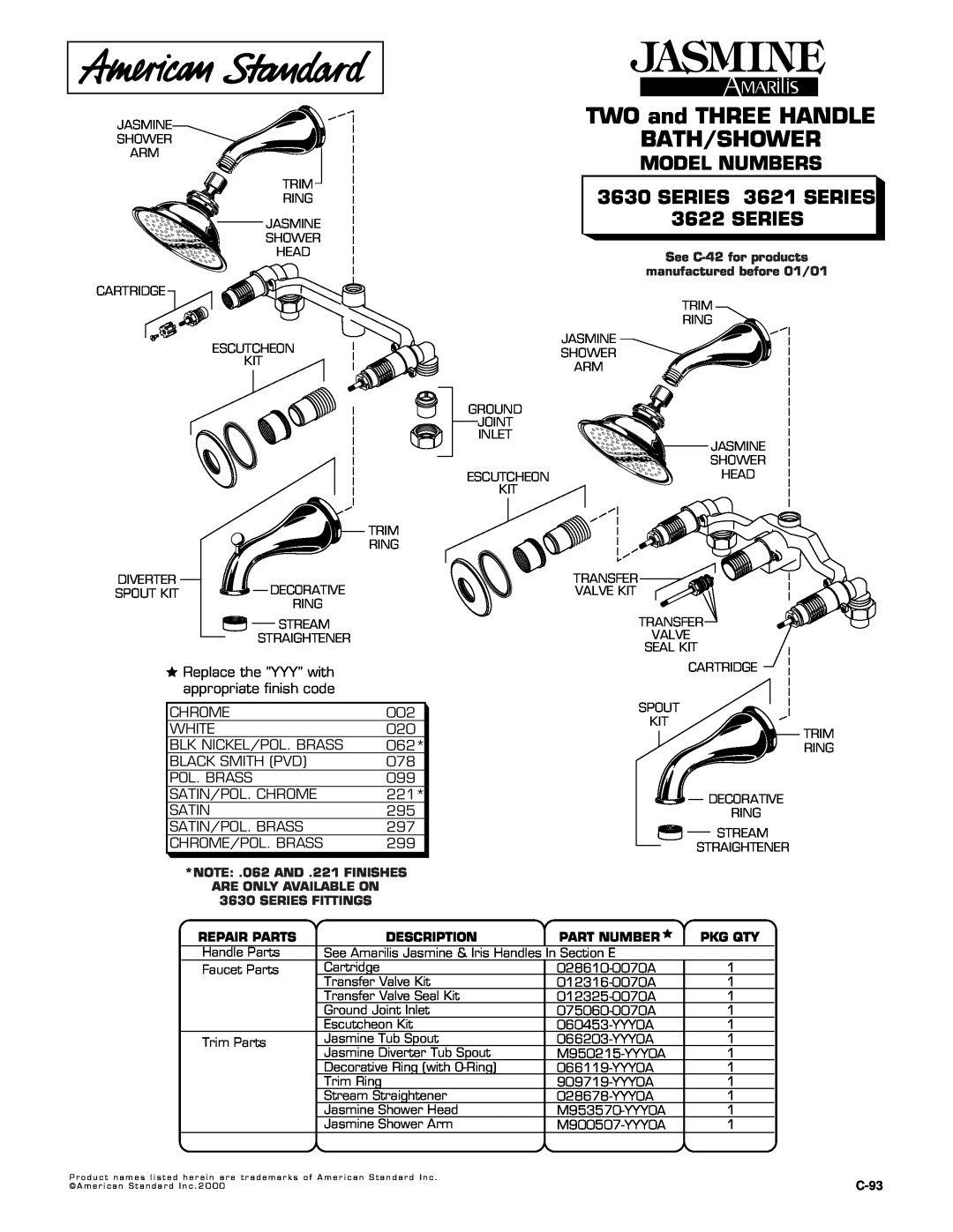 American Standard 3621 Series manual TWO and THREE HANDLE BATH/SHOWER, MODEL NUMBERS 3630 SERIES 3621 SERIES 3622 SERIES 