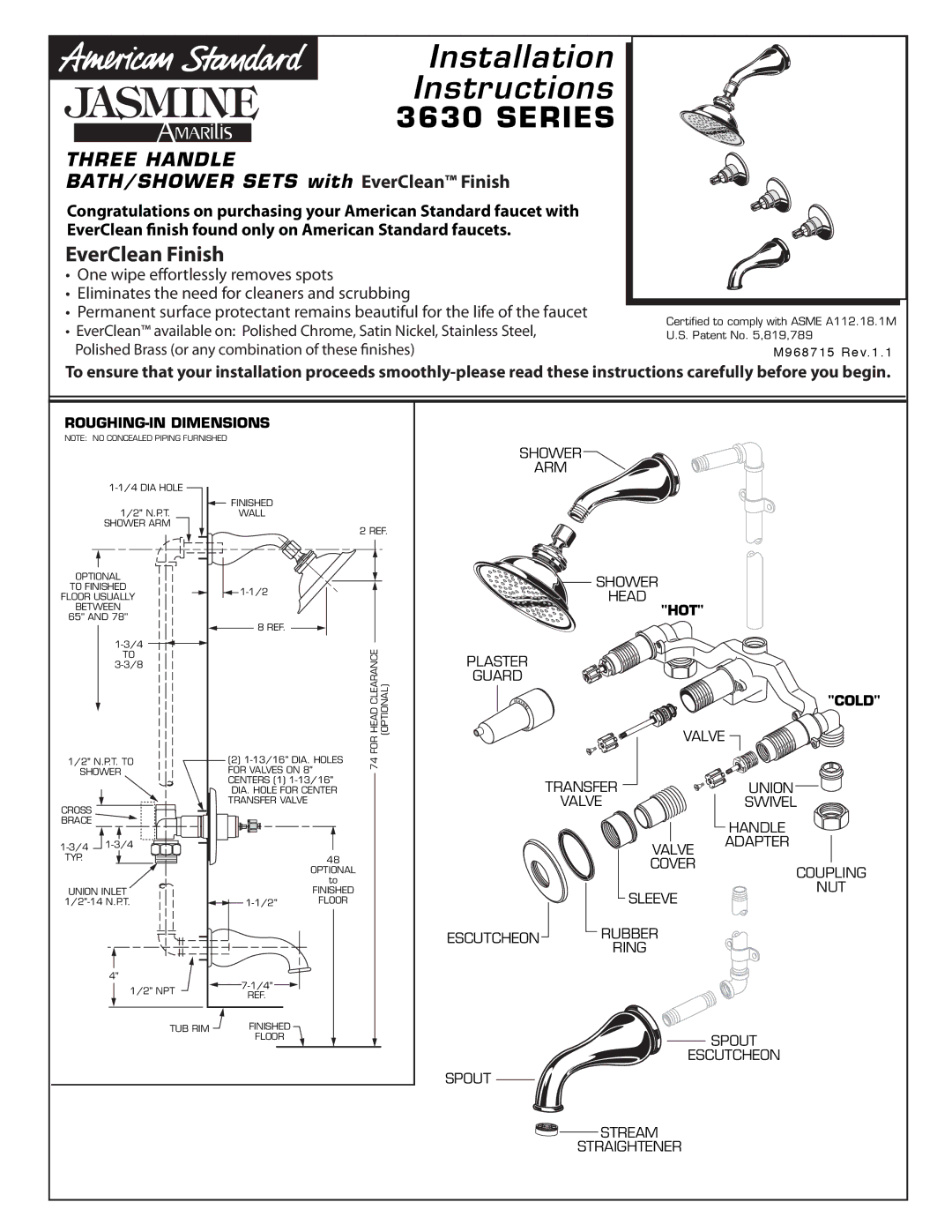 American Standard 3630 SERIES installation instructions ROUGHING-IN Dimensions, Hot, Cold 