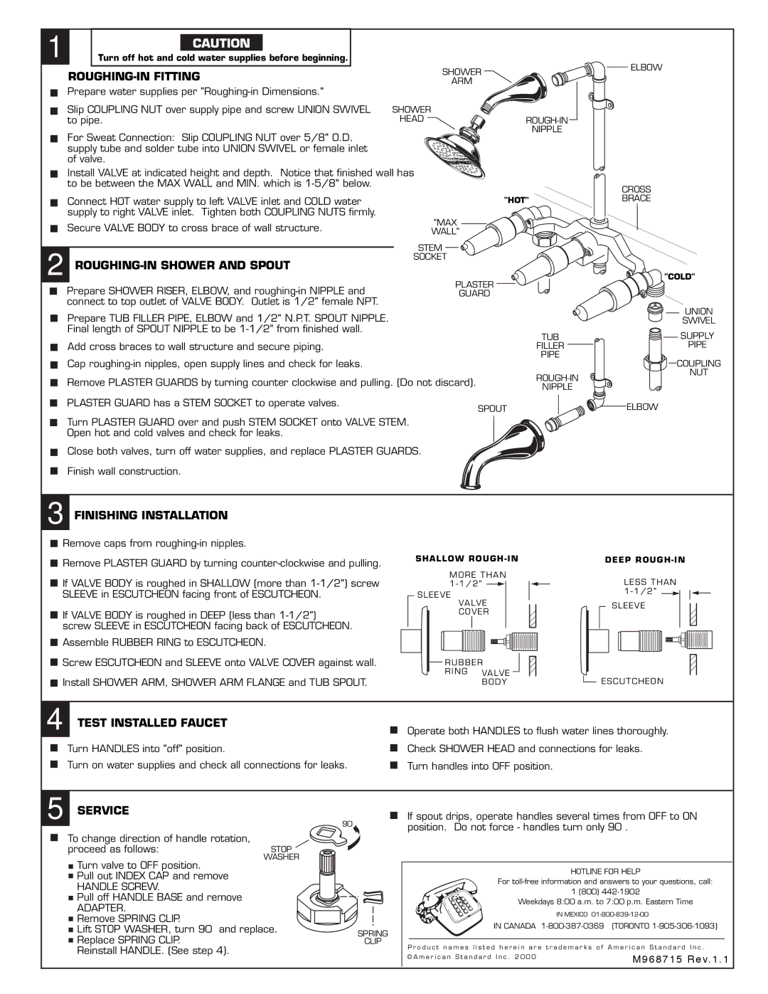 American Standard 3630 SERIES ROUGHING-IN Fitting, ROUGHING-IN Shower and Spout, Finishing Installation, Service 