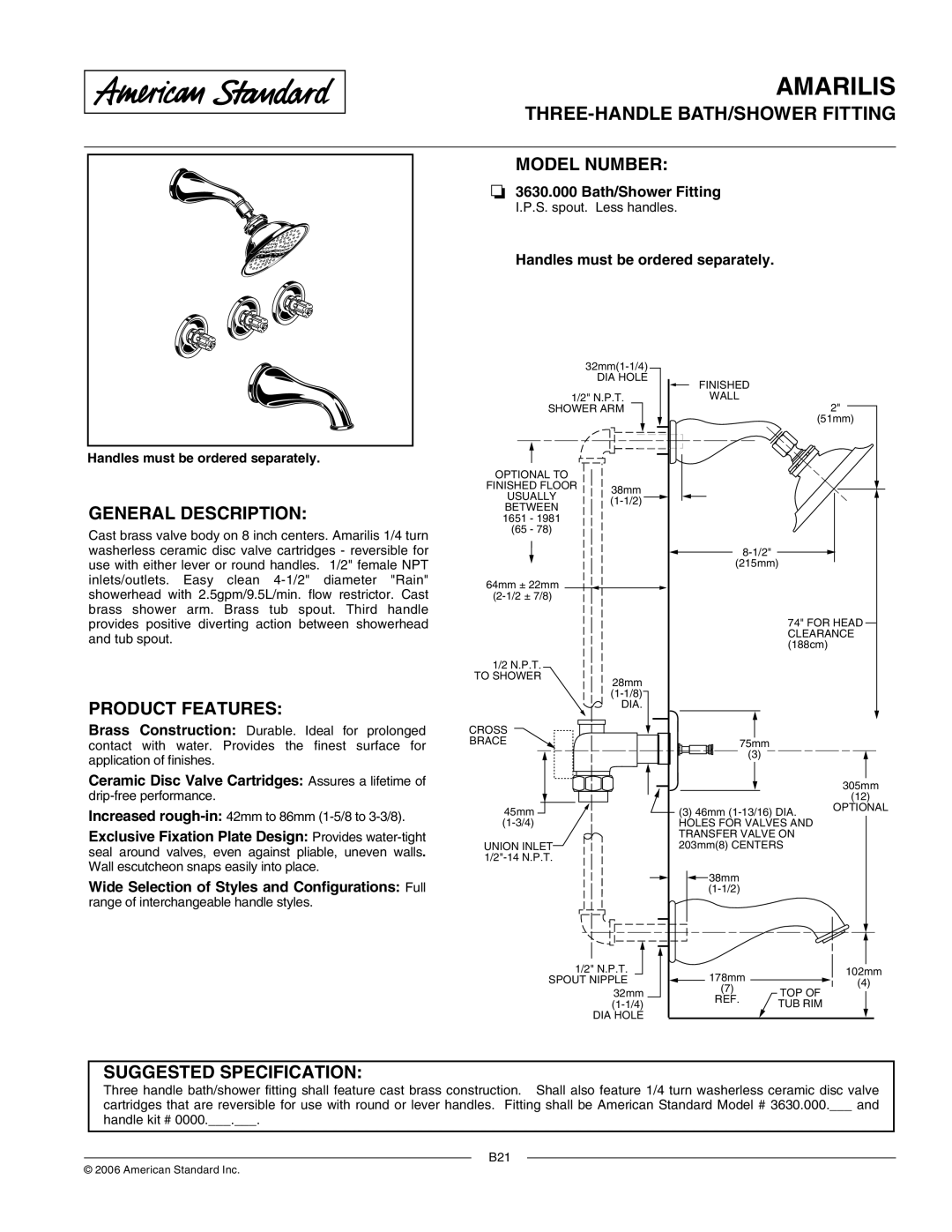 American Standard 3630.000 manual Model Number, General Description, Product Features, Suggested Specification 