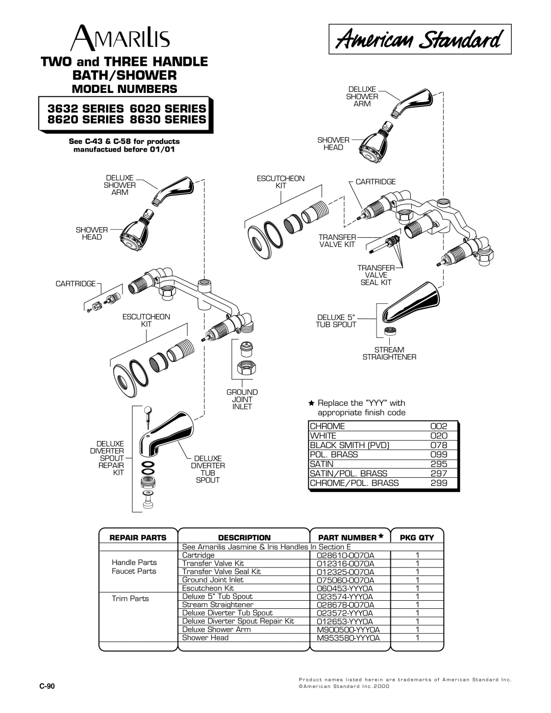 American Standard 8620 Series, 3632 Series manual Bath/Shower, Model Numbers Series 6020 Series Series 8630 Series 