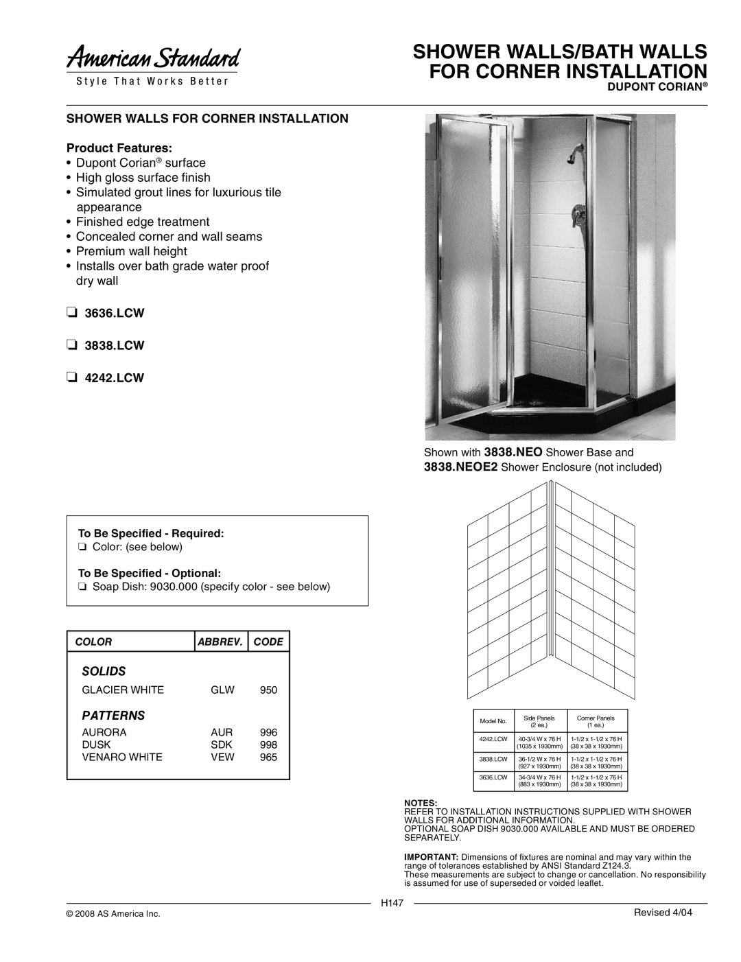 American Standard 4242.LCW installation instructions Shower WALLS/BATH Walls For Corner Installation, Solids, Patterns 