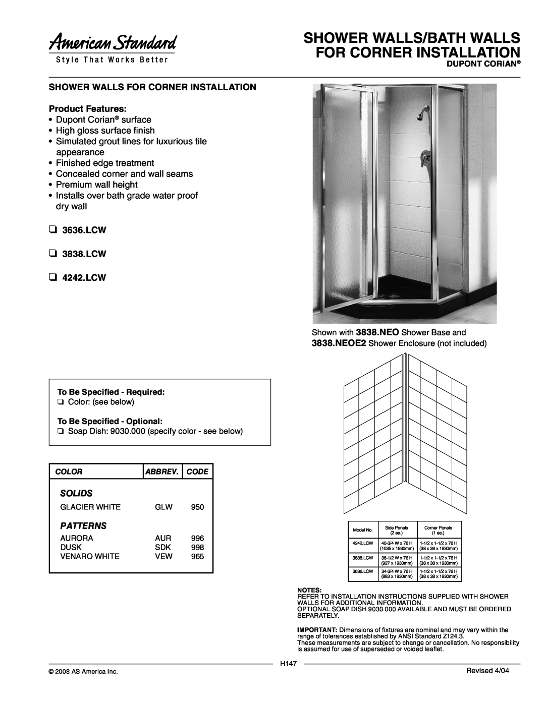 American Standard 4242.LCW installation instructions Shower Walls/Bath Walls For Corner Installation, Product Features 