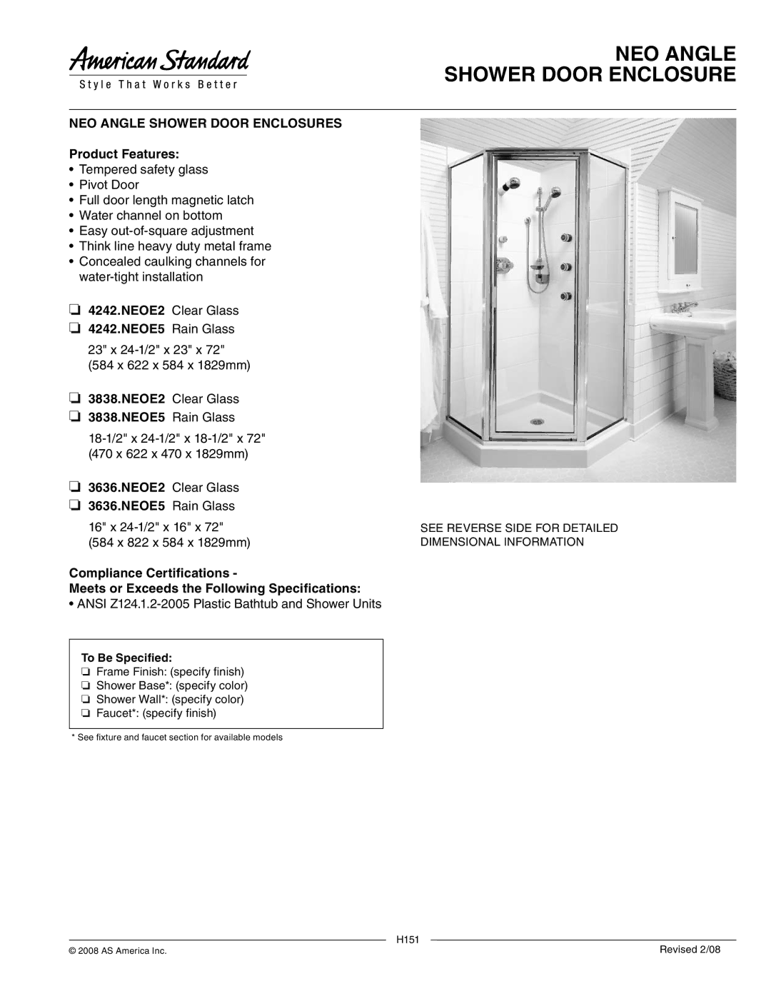 American Standard 3636.NEOE2, 3636.NEOE5, 4242.NEOE5 manual NEO Angle Shower Door Enclosures, Product Features 