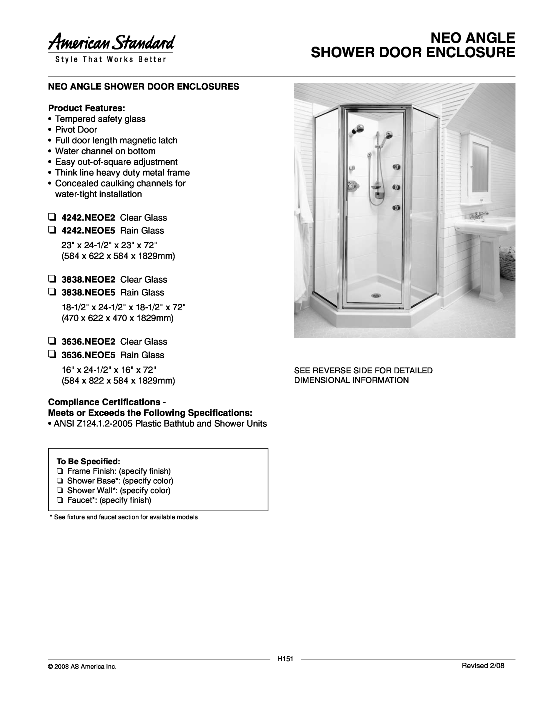 American Standard 3636.NEOE2 manual Neo Angle Shower Door Enclosure, NEO ANGLE SHOWER DOOR ENCLOSURES Product Features 