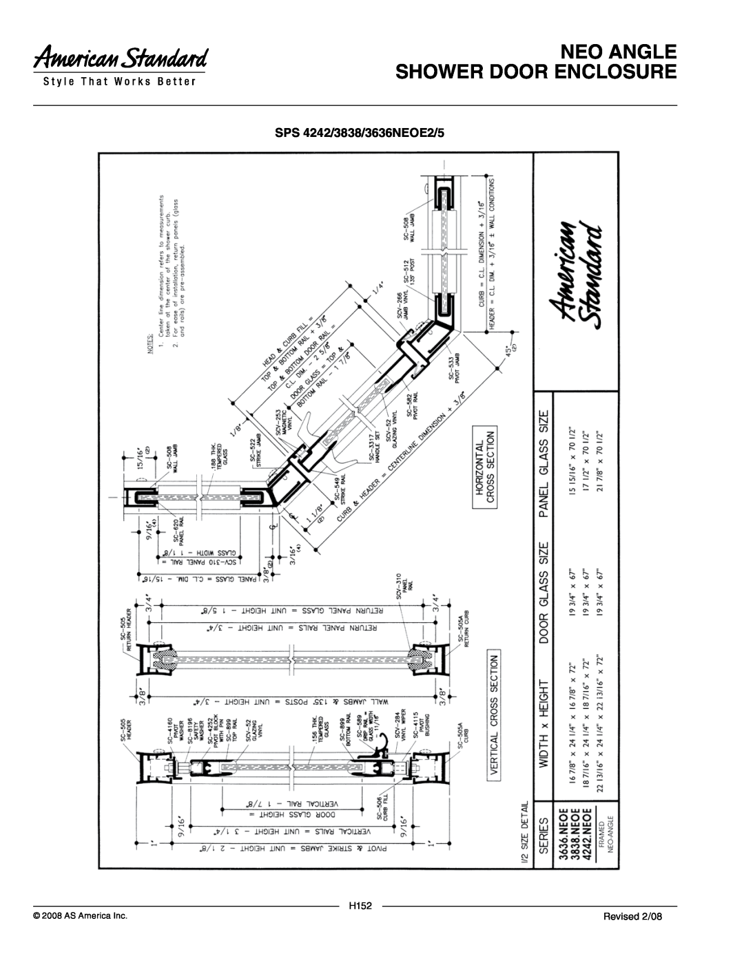 American Standard 4242.NEOE5, 3636.NEOE5 SPS 4242/3838/3636NEOE2/5, Neo Angle Shower Door Enclosure, H152, Revised 2/08 