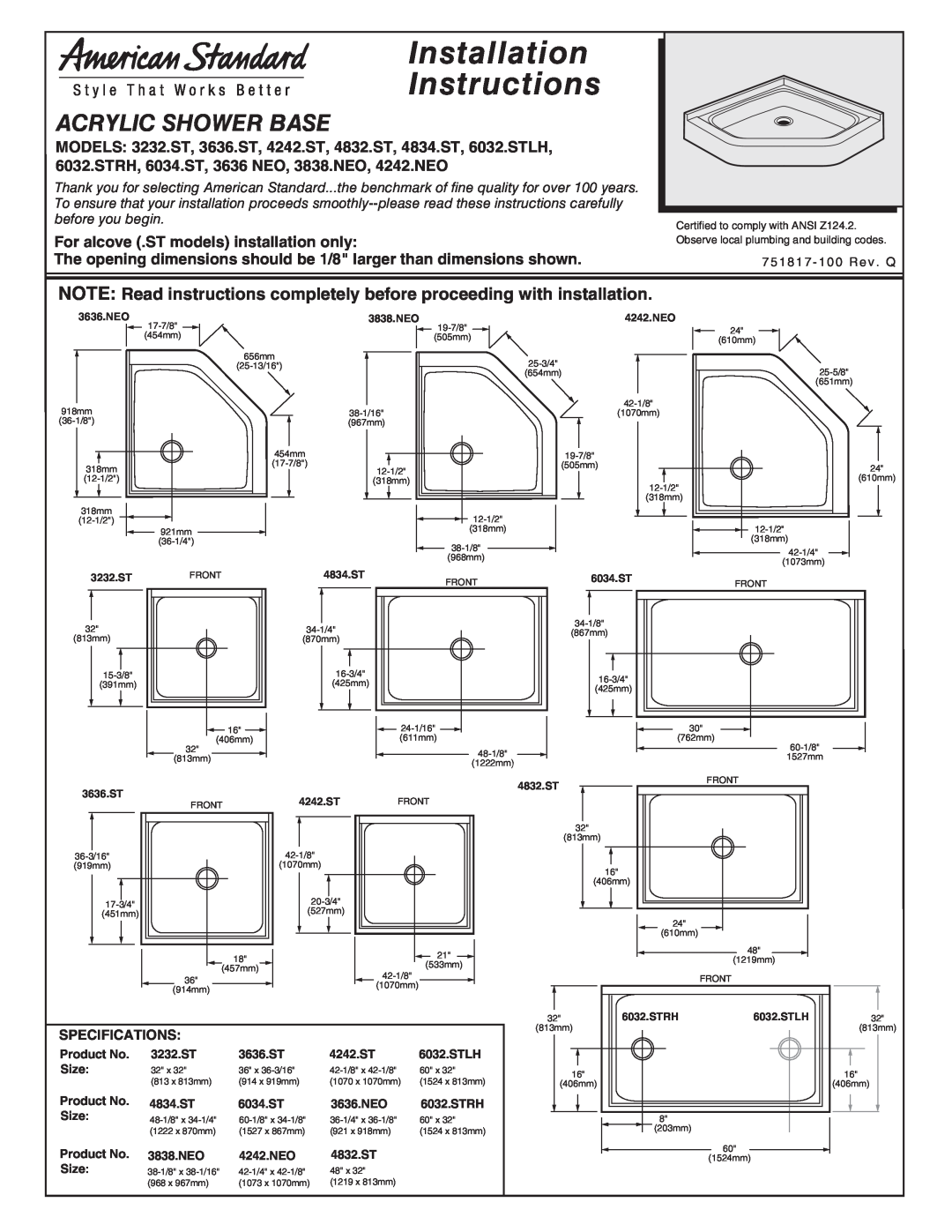 American Standard 3636 NEO, 3636.ST, 3232.ST installation instructions Installation Instructions, Acrylic Shower Base 
