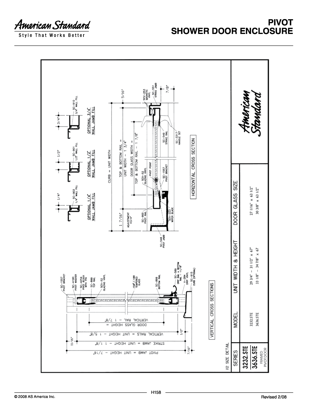 American Standard 3232.STE5, 3636.STE2, 3636.STE5, 3232.STE2 Pivot Shower Door Enclosure, H158, Revised 2/08, AS America Inc 